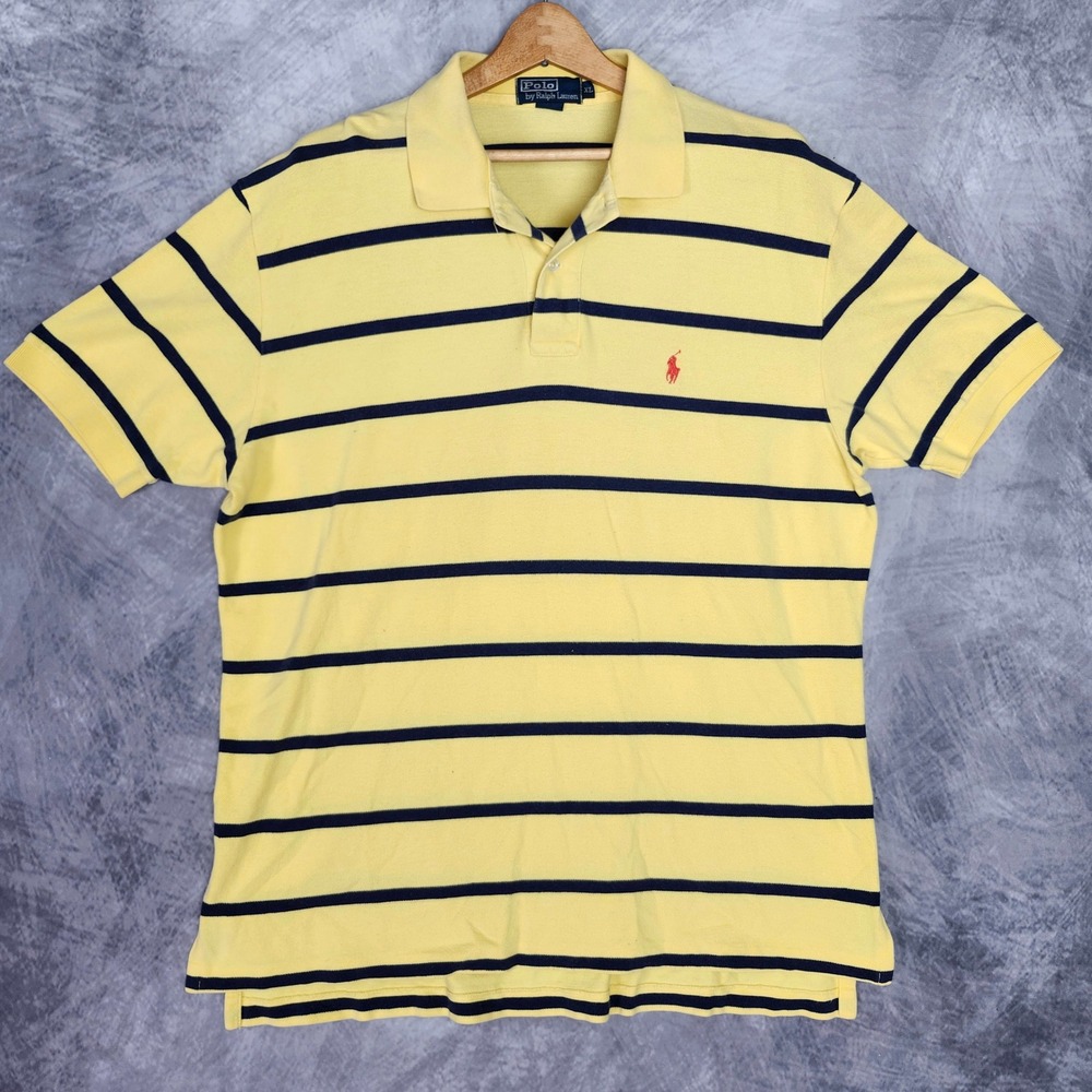 Vintage 90s Polo Ralph Lauren Striped Polo Shirt XL Yellow Navy Red Pony Boxy